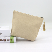 Natural Eco Friendly Jute Plain Makeup Bags With Logo Embroidery Tassel Zippered Burlap Cosmetic Bag